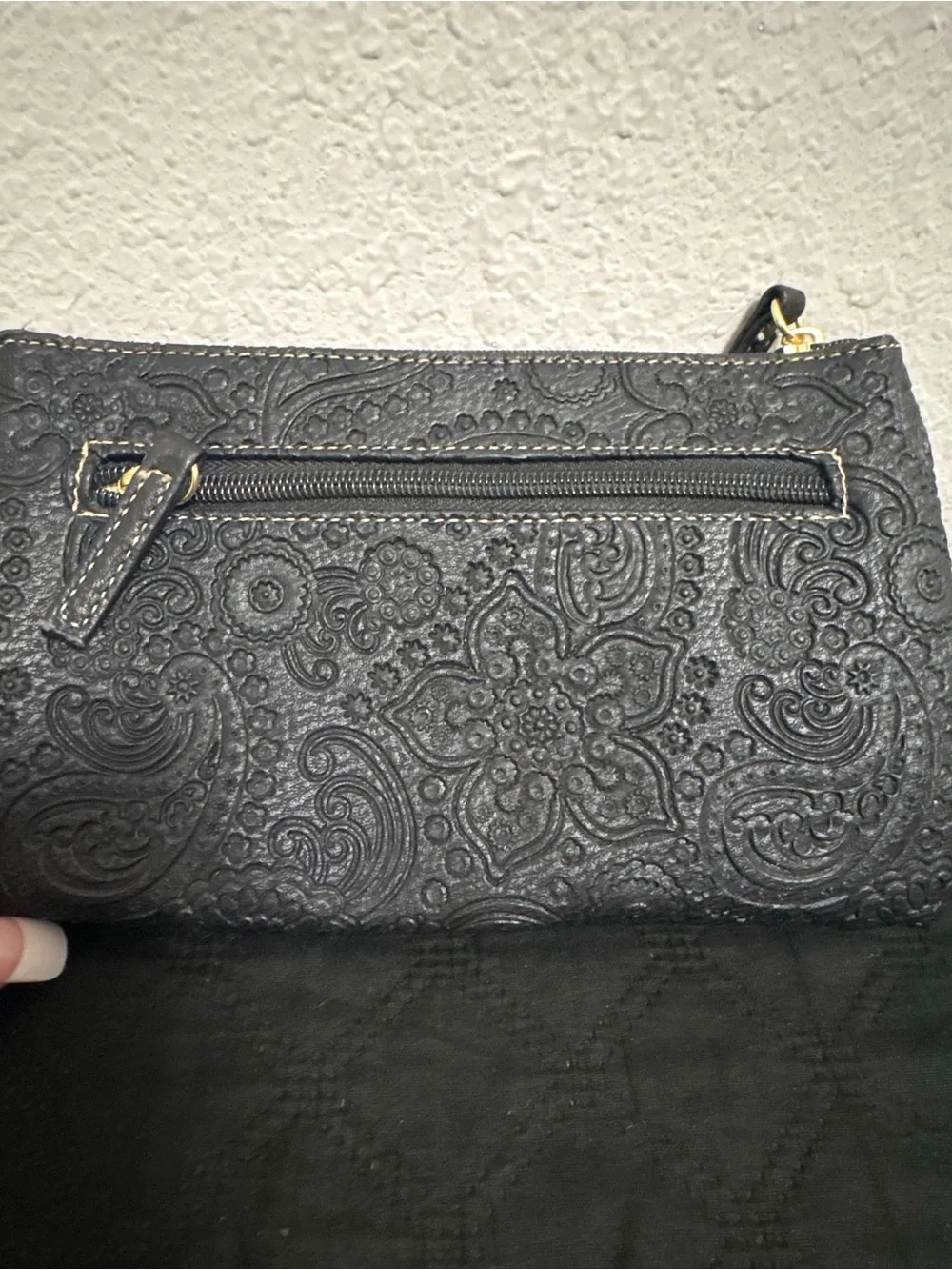 Elegant Black Embossed Wristlet Clutch - Designer Style